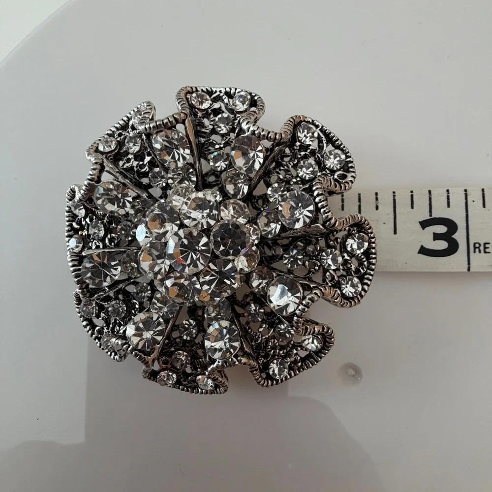 Vintage Rhinestone Statement Ruffle Edge Brooch Sparkle Silver Tone Clear Stones
